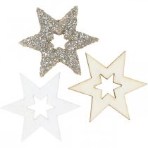 gjenstander Spredt tre stjerne naturlig, glitter, hvit 4cm assortert 72stk