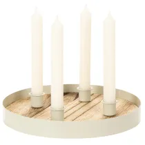 gjenstander Lysestake for fire spisslys, rundt trebrett, 25 cm