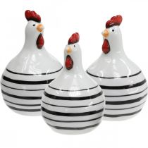 Dekorativ kyllingkeramikk hvit med sorte striper rund Ø 7cm H11cm 3stk