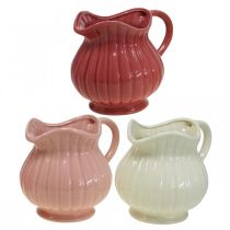 gjenstander Dekorativ vase, kanne med håndtak keramikk hvit, rosa, rød H14,5cm 3stk