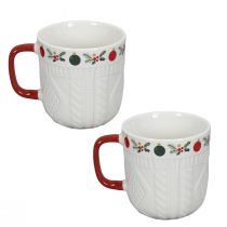 gjenstander Keramisk julekopp med strikkemønster og festlig dekor 9cm - rød-hvit 2stk