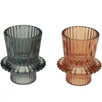 gjenstander Lysholder glass lysestake gråbrun H6,5cm 2stk