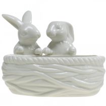 gjenstander Kaniner med rede, bordpynt, påskerede, porselensdekor, dekorativ skål hvit L15cm H11cm