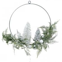 Opplyst krans med grantrær og kuler, advent, vinterpynt til oppheng, LED dekorering sølv B45cm Ø30cm