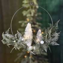 Opplyst krans med grantrær og kuler, advent, vinterpynt til oppheng, LED dekorering sølv B45cm Ø30cm