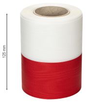 gjenstander Hvitt og rødt moiré-kransbånd, 125 mm - sørgebånd, dekorativt bånd, sløyfebånd, festbånd, 25 m rull