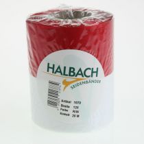 gjenstander Hvitt og rødt moiré-kransbånd, 125 mm - sørgebånd, dekorativt bånd, sløyfebånd, festbånd, 25 m rull