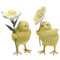 God påske kyllinger, kyllinger med blomster, påskebordpynt, dekorative kyllinger H11/11,5 cm, sett med 2