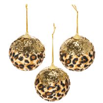 gjenstander Julekule leopardmønster med gyllent glitter 7 cm 3 stk
