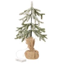 gjenstander Kunstig plante med snø, LED-juletre i jutepose, batteridrevet, for innendørs bruk, 50 cm