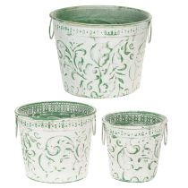 gjenstander Metallpotter med håndtak, blomsterkasser med preging, hvit, grønn, shabby chic, H20,5/18,5/16 cm, Ø25,5/20,5/15,5 cm, sett med 3