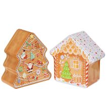 gjenstander Juleboks, kakeboks, juletre og hus, pepperkakeutseende, 14 cm, 2 stk.