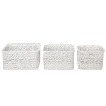 gjenstander Metallskåler med blondemønster, dekorativ beholder, firkantet, shabby chic, hvit, 27/23/19 cm, H13,5 cm, sett med 3