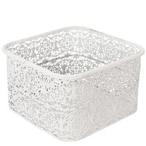 gjenstander Metallskåler med blondemønster, dekorativ beholder, firkantet, shabby chic, hvit, 27/23/19 cm, H13,5 cm, sett med 3