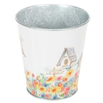 gjenstander Metallpotte med motiv, blomsterkasse med fuglehus, blikkbøtte H13cm Ø11,5cm