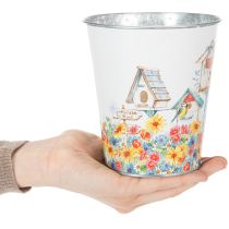 gjenstander Metallpotte med motiv, blomsterkasse med fuglehus, blikkbøtte H13cm Ø11,5cm