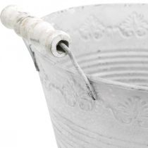 Dekorativ skål for planting, potte med trehåndtak, metalldekor hvit, sølv Ø16,5cm H12,5cm B20cm