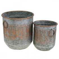 Dekorativ skål med håndtak, plantekrukke, metallkar sølv, kobberfarget antikk look H31 / 24,5 cm Ø29,5 / 22 cm sett med 2