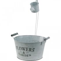 gjenstander Planteskål med vannkanne, hagedekorasjon, plantekasse i metall for planting sølv hvitvasket H41cm Ø28cm/Ø7cm