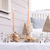 gjenstander Mini julelandsby tredekorasjon hvit naturfarget H13/7cm 6 stk