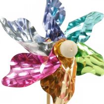 Mini-pinwheel, festdekorasjon, vindmølle på stangen fargerik, dekor til hagen, blomsterplugg Ø8,5cm 12stk.