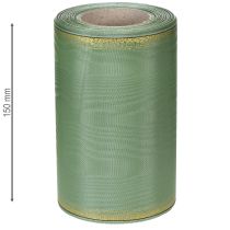gjenstander Moiré kransbånd salviegrønt med gullkant, 150 mm x 25 m, dekorativt bånd til blomsterdekorasjoner og kranser