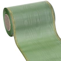 gjenstander Moiré kransbånd salviegrønt med gullkant, 150 mm x 25 m, dekorativt bånd til blomsterdekorasjoner og kranser