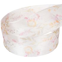 gjenstander Organzabånd, chiffonbånd, blomstermønster, oransje/rosa, 40 mm, 15 m