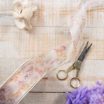 gjenstander Organzabånd, chiffonbånd, blomstermønster, oransje/rosa, 40 mm, 15 m