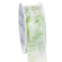 gjenstander Organzabånd, chiffonbånd, grønt med bladranker, 40 mm bredt, 15 m langt