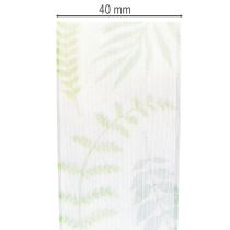 gjenstander Organzabånd, chiffonbånd, grønt med bladranker, 40 mm bredt, 15 m langt
