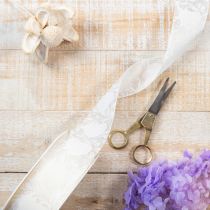 gjenstander Organzabånd, kremfarget, dekorativt bånd med hjerter, 40 mm bredt, 15 m langt