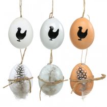 Påskepynt, kyllingegg til å henge, dekorative egg, fjær og kylling, brunt, blått, hvitt sett med 6 stk.