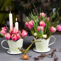 Plantekar, dekorativ kaffefilterholder, metallkopp for planting, blomsterdekor grønn, hvit Shabby Chic H11cm Ø11cm