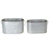 gjenstander Blomsterpotte med håndtak, metallpotte, blomsterkasse, sølv, brun, H22/20 cm L42/40 cm, sett med 2