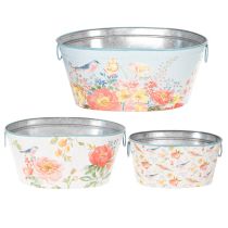 gjenstander Planteskåler, vårblomst, blomster-/fuglepotter, oval metallbeholder L39/31/24,5 cm, sett med 3