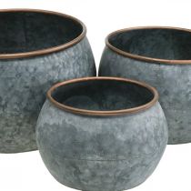 Dekorativ potte, planteskål, metallkar sølv, kobberfarget antikk look H22 / 20,5 / 16,5 cm Ø39 / 30,5 / 25 cm sett med 3