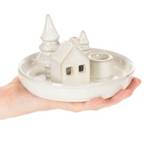 gjenstander Dekorativ keramisk lysestake med hus og trær, 16 cm