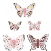Deco sommerfugler med klips, fjærsommerfugler rosa 4,5-8cm 10p