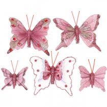Deco sommerfugler med klips, fjærsommerfugler rosa 4,5–8cm 10stk