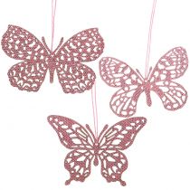 Dekorasjonshenger sommerfuglrosa glitter10cm 6stk