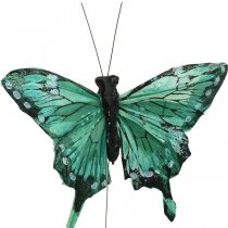 Dekorative sommerfugler, vårpynt, fjærsommerfugler, planteplugger grønn, brun 9,5×12,5cm 12stk