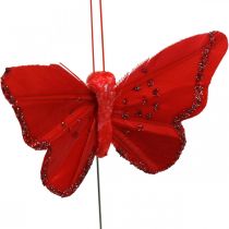 Vår, fjærsommerfugler med glimmer, deco sommerfugl rød, oransje, rosa, fiolett 4×6,5cm 24stk