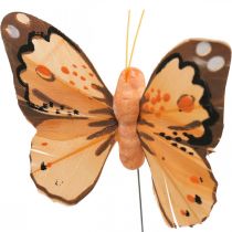 Fjærsommerfugler, dekorative sommerfugler på pinne, blomsterplugger rosa, oransje, fiolett, brun, blå, beige 6×8cm 12stk