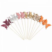 gjenstander Sommerfugl tre blomsterplugg farget 9cm/29cm 12stk
