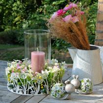 Snegler med blomster, vårpynt, blomstrende dyr, borddekorasjon grå/blå/grønn H8cm L9,5cm sett med 2 stk.