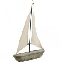 Seilbåt, båt laget av tre, maritim dekorasjon shabby chic naturlige farger, hvit H37cm L24cm