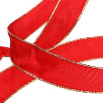 Rødt silkebånd med gullkant 25mm 25m