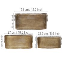 gjenstander Sett med metallpotter og -kar, vintage retro-stil, L 22,5 cm / 27 cm / 31 cm