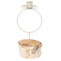gjenstander Lysestake med bjørkefot og metallring, 20 cm